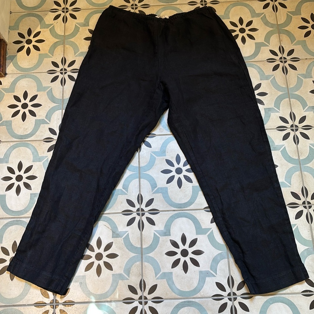 EILEEN FISHER S Black 100% Linen Pocketless Pants Slit Cuff